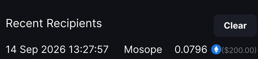The image shows a "Recent Recipients" transaction record displaying a payment of 0.0796 ETH ($200.00) sent to "Mosope" on 14 Sep 2026 at 13:27:57, with a "Clear" button visible. This appears to be verification of the $200 crypto prize winnings awarded to @mosope03 as mentioned in the MetaWin winner announcement.