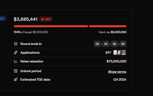 A fundraising dashboard showing $3,885,441 raised (194% of target $2,000,000) with a hard cap of $3,000,000, 897 applications, a raise valuation of $75,000,000, round ending in 02:23:35:02, and an estimated TGE date of Q4 2026.