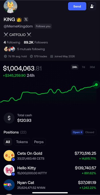 A screenshot of a meme-themed trading portfolio called 'CATFOLIO' showing $1,004,063.81 in value with positions in Cets On Gold, Hello Kitty, and Nyan Cat.