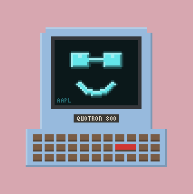 A pixel art illustration of a vintage blue 'QUOTRON 800' computer displaying a smiley face and the word 'AAFL' on its screen against a pink background.