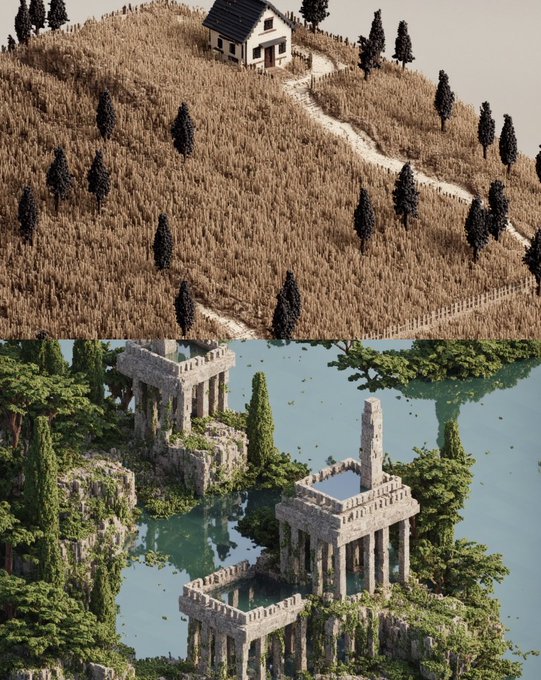 A two-panel showcase contrasting a voxel-style hillside house (top) with an elaborate ancient stone temple complex rising from tranquil waters (bottom), demonstrating the diverse voxel/Minecraft-inspired 3D environments crafted by artist @hasangoktepe3d. The work highlights their skill in blending cozy natural landscapes with majestic ruined architecture, offering art collectors a wide range of immersive digital worlds to mint and appreciate.