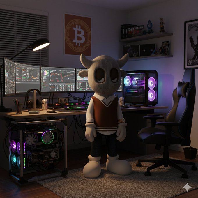A 3D-rendered cartoon character with horns stands in a moody, RGB-lit gaming setup featuring multi-monitor trading screens and a Bitcoin poster on the wall.