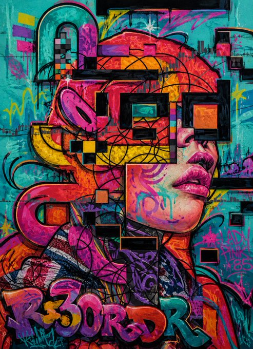 Vibrant graffiti street art featuring colorful abstract shapes, geometric patterns, and a partial face with bright pink lips.
