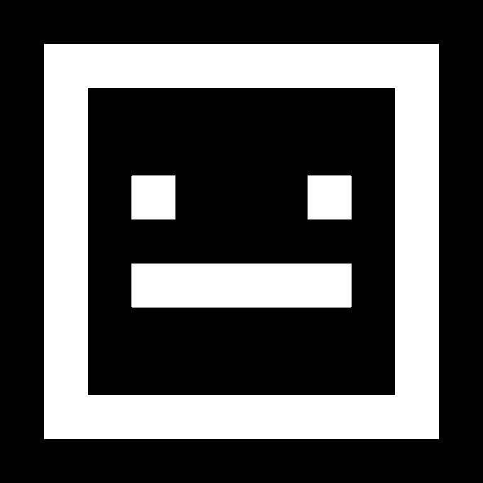 A minimalist black square icon with a white border containing two white squares for eyes and a white rectangle for a mouth, depicting a simple face or robot.
