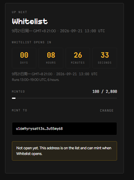 A countdown timer for a 'Whitelist' NFT mint event scheduled for September 21, 2026 at 13:00 UTC, showing 00 days, 08 hours, 26 minutes, and 33 seconds remaining, with 100/2,800 minted and the wallet address 'u16m9yrysatt3s_3u55my68' listed.