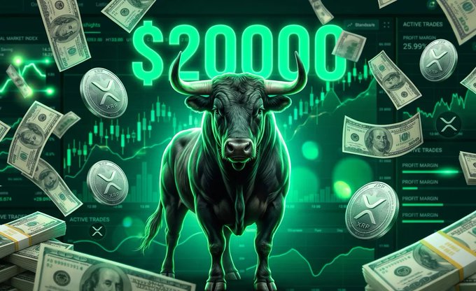A green-themed financial graphic featuring a charging bull, floating US dollar bills, XRP cryptocurrency coins, and a prominent '$20000' text overlay with candlestick chart patterns.