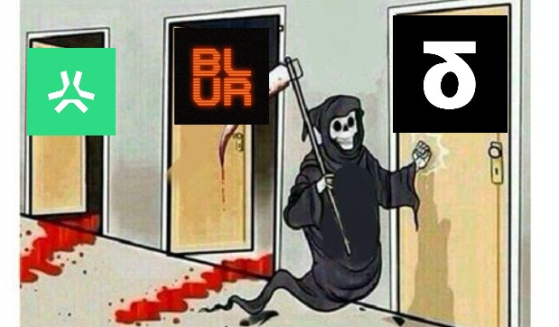 A meme shows the Grim Reaper knocking on doors, choosing between BLUM (bloody door), Apen (green door), and another project, walking away leaving a bloody trail.