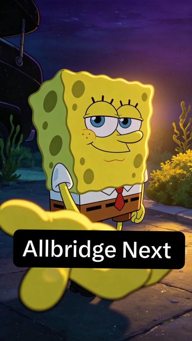 A stylized image of SpongeBob SquarePants standing outdoors at night with a cartoon sponge in the foreground, overlaid with the text 'Allbridge Next'.