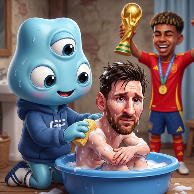A blue, three-eyed character with "GF" on its hoodie scrubs a crying Lionel Messi in a blue basin, while a young Spanish player celebrates with the World Cup trophy. This image visually depicts the contrast between a long, drawn-out victory for Spain and the immediate settlement that Guru.Fun provides.