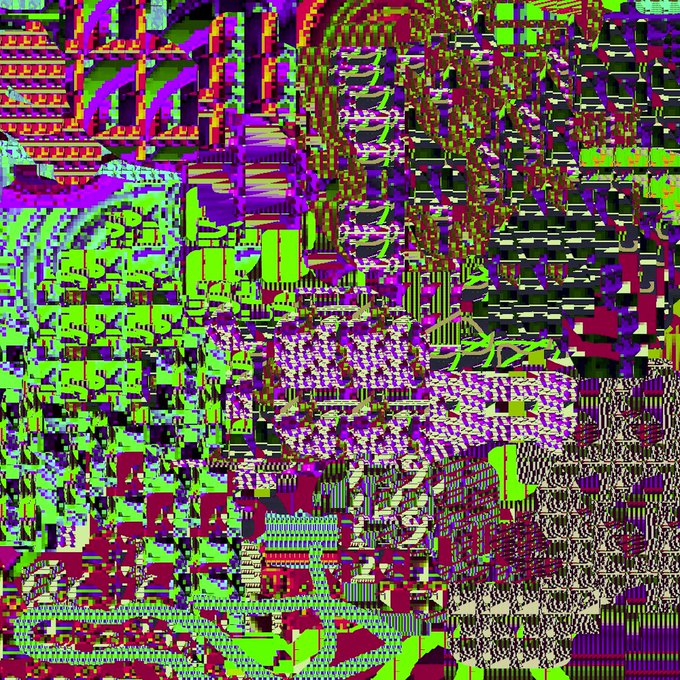 A chaotic explosion of magenta, purple, and bright green pixels collides in a fractured digital landscape, evoking the glitchy, cacophonous "not whiter broken distant sounds" described in the post. The abstract, grid-like composition mirrors the "GoblinGrid" aesthetic referenced, with no discernible text but a visceral sense of digital noise and dissonance.