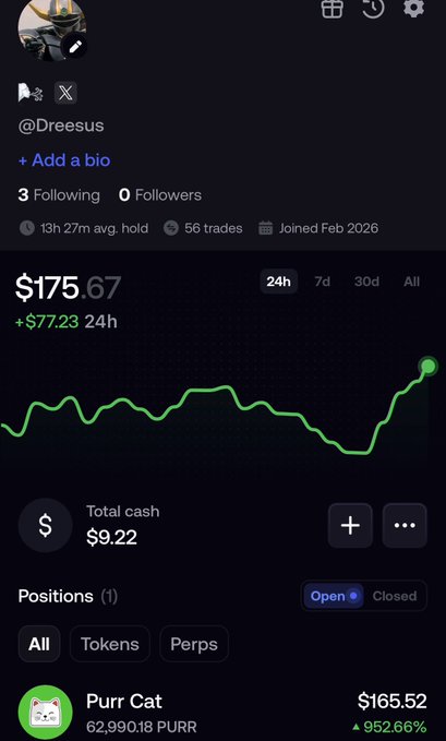 A screenshot of a trading profile for user '@Dreesus' showing a $175.67 portfolio with a +$77.23 24h gain, including a 'Purr Cat' position at $165.52 with a 952.66% increase.