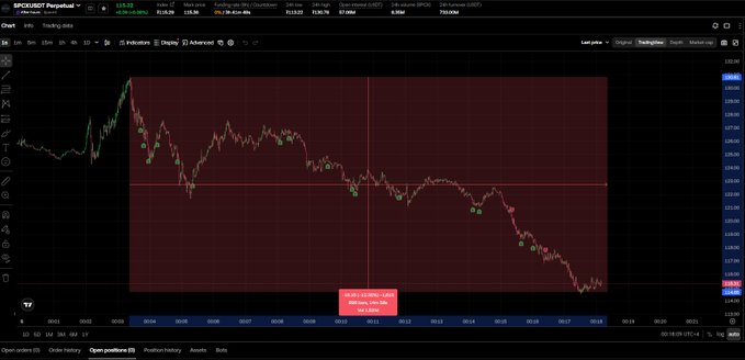 The image shows a TradingView chart of SPACEX/USDT (SPCX) displaying a sharp downward trend with the ticker dropping significantly around the 00:05-00:10 timeframe, visually illustrating the user's claim of losing $20k in 10 minutes on the twin trade referenced in their post tagging @elonmusk.