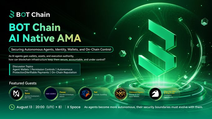 A promotional graphic for the 'BOT Chain AI Native AMA' event, scheduled for August 13 at 20:00 UTC+8 on X Space, focusing on securing autonomous agents, wallets, and on-chain control, featuring guest speakers Soris, Fawaz, Ted, Mahmoud Elqousy, and Elan Nagi.