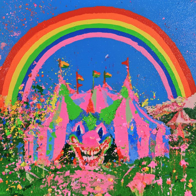 A vibrant, expressionistic painting shows a colorful circus tent with a clown face, set against a bright blue sky with a large rainbow and splattered pink and yellow paint effects in a field of flowers.