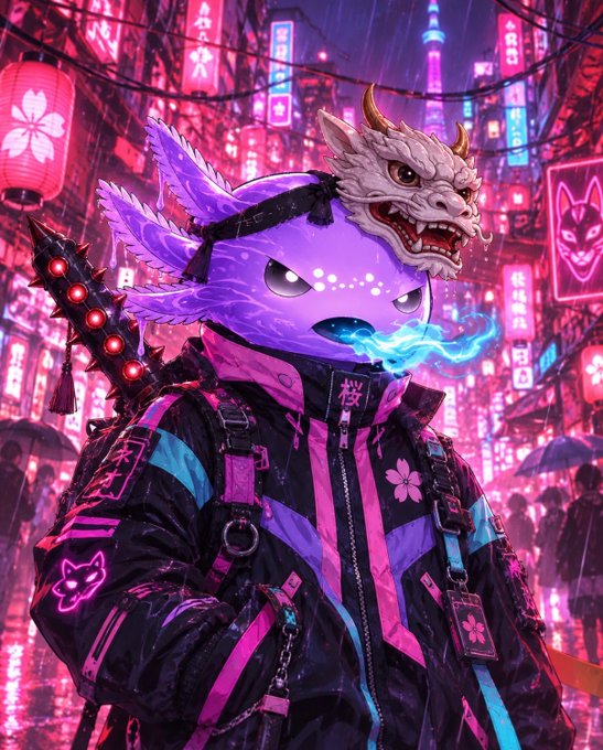 A vibrant cyberpunk-style digital illustration features a character wearing a purple mask with glowing white eyes and a fierce white dragon/demon mask on top, dressed in a purple and black outfit against a neon-lit cityscape.