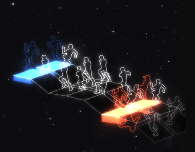 A 3D digital animation shows running figures in blue, white, and red glowing outlines moving along a pathway in space.
