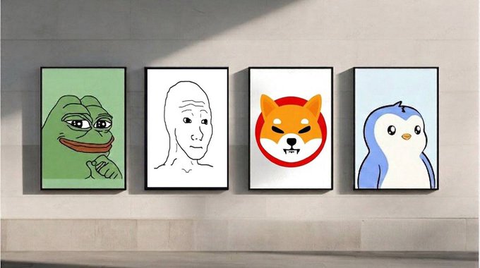 Four framed meme posters on a wall: Pepe, Wojak, Shiba Inu, and a Linux penguin.