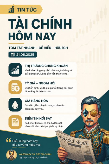 A Vietnamese financial news graphic dated 21.08.2025 titled 'TÀI CHÍNH HÔM NAY' (Finance Today), featuring sections on stock market, currency exchange, commodity prices, and Fed signals, with an illustration of a man in ornate military-style attire reading a newspaper.