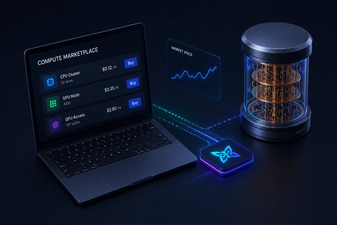 A futuristic 3D render showing a laptop displaying a 'COMPUTE MARKETPLACE' with options for CPU Cluster ($0.12/hr), GPU Node ($0.35/hr), and GPU Access ($2.80/hr), connected by glowing lines to a quantum computer tower and a holographic market price chart.