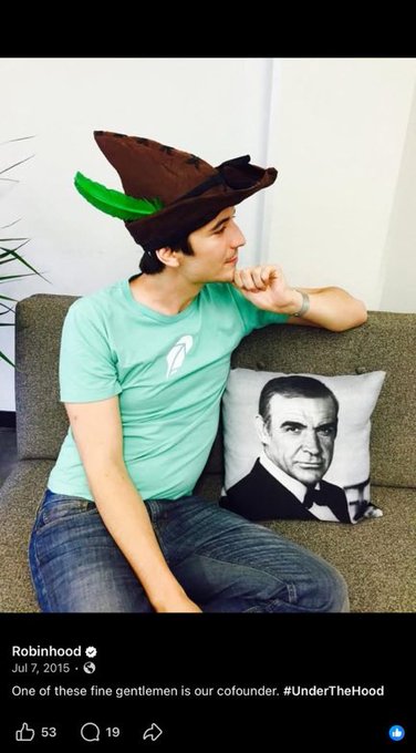 A Robinhood social media post dated 'Jul 7, 2015' with the caption 'One of these fine gentlemen is our cofounder. #UnderTheHood,' showing a man wearing a Robinhood-style hat sitting next to a pillow with a Sean Connery face.