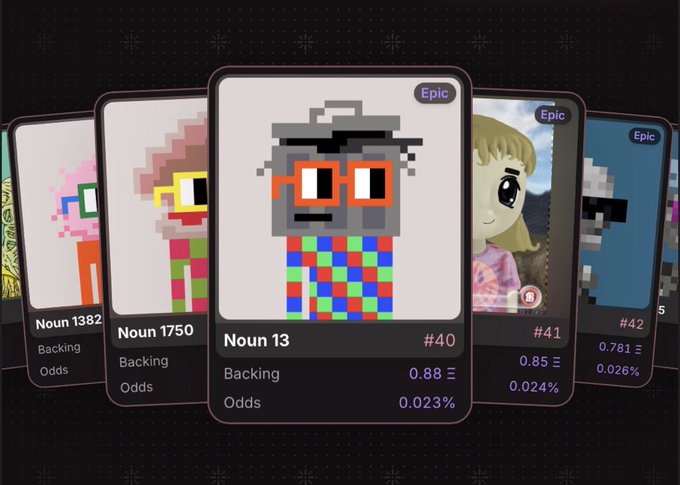 A digital card display showing pixelated character Nouns, with card #40 labeled 'Noun 13' prominently centered with backing odds of 0.88 ETH.