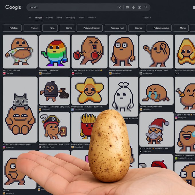 A hand holds a real potato up to a Google Image search for "potatoz," displaying rows of cartoon potato character NFTs from Memeland. The image visually contrasts an ordinary real-world potato with its whimsical NFT counterparts, suggesting that even the humble original can serve as inspiration—or the "role model"—for the stylized Potatoz characters.