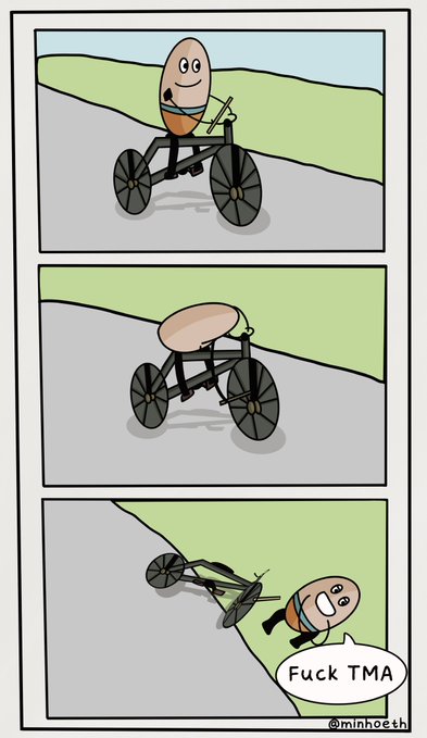 The comic shows a three-panel sequence where an egg character riding a bicycle falls off without a seat, a bone-shaped saddle is installed, and the egg crashes again while cursing. The text "Fuck TMA" appears in a speech bubble and the watermark "@minhoeth" is visible.