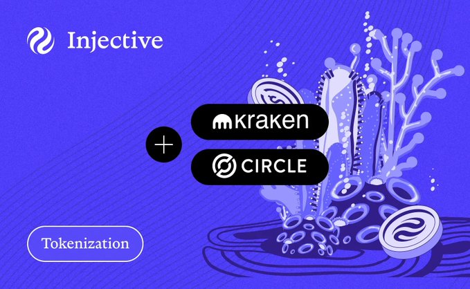 A purple promotional graphic for Injective showing a partnership announcement featuring the logos of Kraken and Circle, labeled 'Tokenization' with coral reef artwork.