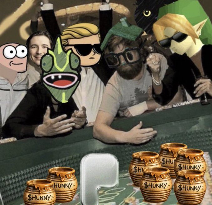 A group of people at a casino table have cartoon faces photoshopped over their heads, with pots labeled '$HUNNY' and a ghost emoji in the foreground.