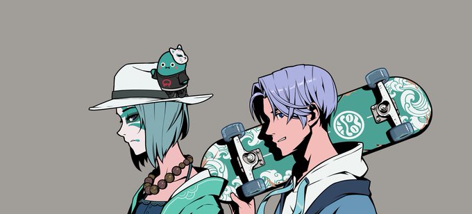 An anime-style illustration of two characters holding skateboards, with a small white creature wearing a shark hat perched on the head of the character on the left.