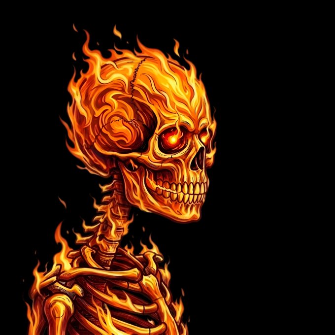 A digital illustration of a menacing skeleton engulfed in bright orange and yellow flames against a stark black background.