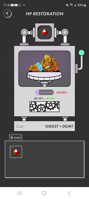 A mobile game interface titled 'HP RESTORATION' showing a golden dragon statuette being healed from 20.10% to 87.10% (+67.00%) at a cost of 100 GST + 0 GMT.