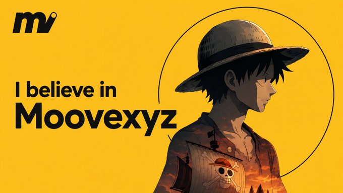 The image features a cartoon character, likely from the anime Moovéz, wearing a hat with a skull design. The character appears to be standing against a yellow background, which could represent the sun or a sunset. The text "i believe in @moovexyz" is written below the character's head and shoulders, indicating that the image is related to the social media account @moovexyz.