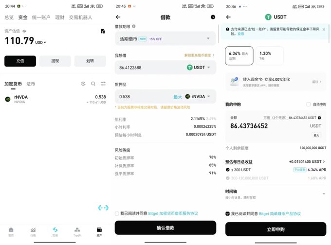 Three smartphone screenshots display a cryptocurrency trading app interface, showing a portfolio balance of 110.79 USD, an NVDA token with 0.538 quantity, and a USDT lending/investment screen with 86.43736452 USDT.