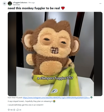 Twitter post showing a furry monkey plush toy with text asking 'need this monkey fuggler to be real' and a caption about a chimpers fuggler toy.