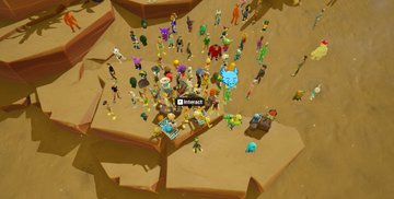 A top-down view of a 3D video game showing many colorful blocky characters gathered on a tan platform in a desert-like environment.