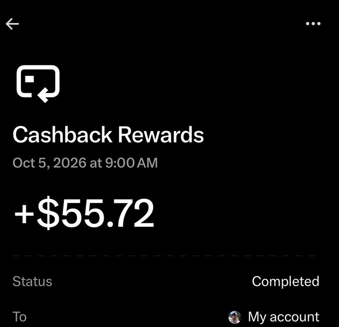 Screenshot of a Cashback Rewards transaction showing +$55.72 completed on Oct 5, 2026 at 9:00 AM, deposited to My account.