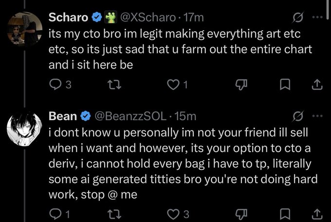 A Twitter exchange between @XScharo and @BeanzzSOL shows Scharo complaining that Beanzz is "farming" their chart despite Scharo making art for the project, while Beanzz dismissively responds that he doesn't know Scharo personally, sells when he wants, and mocks Scharo's "AI generated titties" art as not being hard work—illustrating the petty crypto drama described in the accompanying post where a dev publicly raged at a topblast trader.