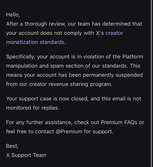 A screenshot of an email from X Support Team stating the user's account has been permanently suspended from the creator revenue sharing program for violating platform manipulation and spam standards.