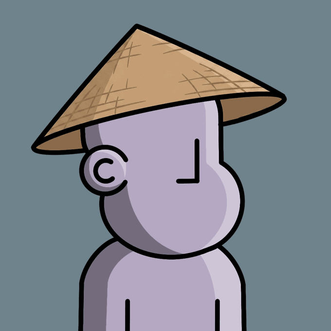 A stylized cartoon illustration of a lavender-colored character wearing a traditional woven straw conical hat, shown in profile against a solid blue-gray background.