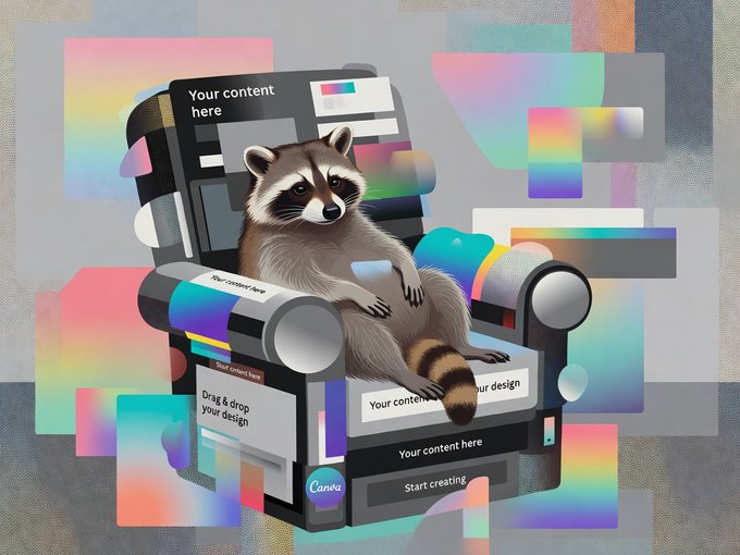 A stylized illustration of a raccoon lounging on a futuristic chair surrounded by colorful gradient panels and placeholder text boxes reading 'Your content here' and 'Drag & drop your design' with a 'Start creating' button.