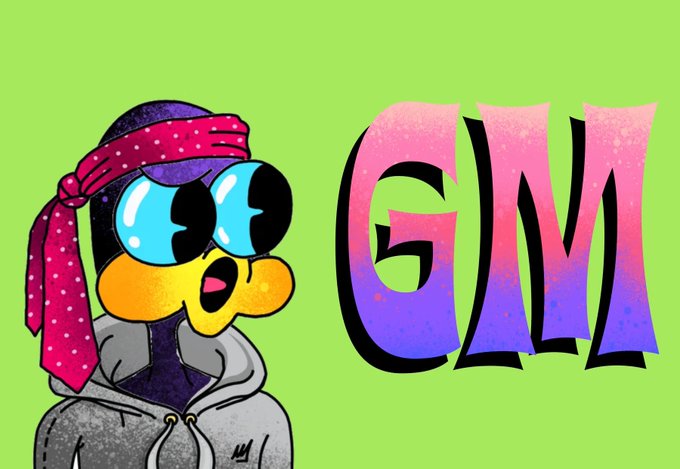 A cartoon penguin character wearing a pink bandana and gray hoodie displayed next to the pink and purple gradient letters 'GM' on a green background.