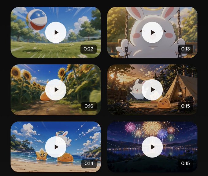 A grid of six animated video thumbnails featuring charming on-chain IP characters in various scenes, including a beach ball, a bunny on a swing, sunflowers, a camping scene, a beach setting, and a fireworks display, with durations ranging from 0:13 to 0:22. Each thumbnail showcases the vibrant, character-driven animations referenced in the post about Smart Pocket studio's original work at smapocke.io/anime.