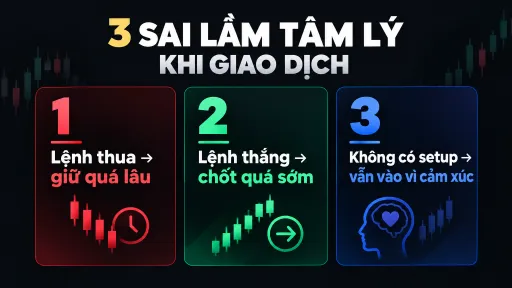 An infographic in Vietnamese titled '3 SAI LẦM TÂM LÝ KHI GIAO DỊCH' (3 Psychological Mistakes When Trading), listing mistakes related to holding losing positions too long, closing winning positions too early, and trading without a setup based on emotions.