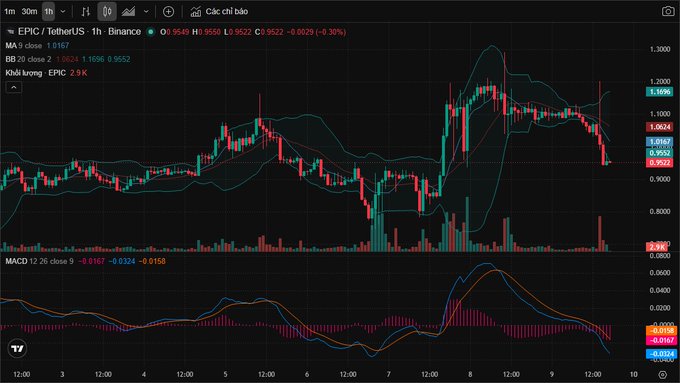 A trading chart for the EPIC/TetherUS cryptocurrency pair on the Binance exchange, showing a 30-minute candlestick chart with MACD indicator and a current price of approximately 0.9522 USDT.