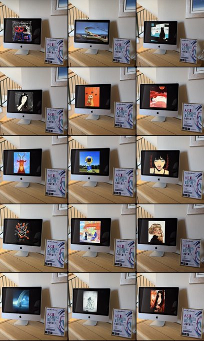 A grid of fifteen photos showing a desktop computer monitor and a framed award displayed in front of a staircase, with the monitor screens showcasing various digital artworks and characters.