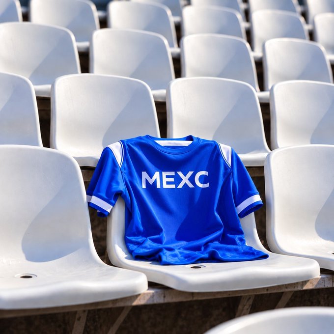 A blue sports jersey with 'MEXC' branding draped over a white plastic seat in stadium seating.
