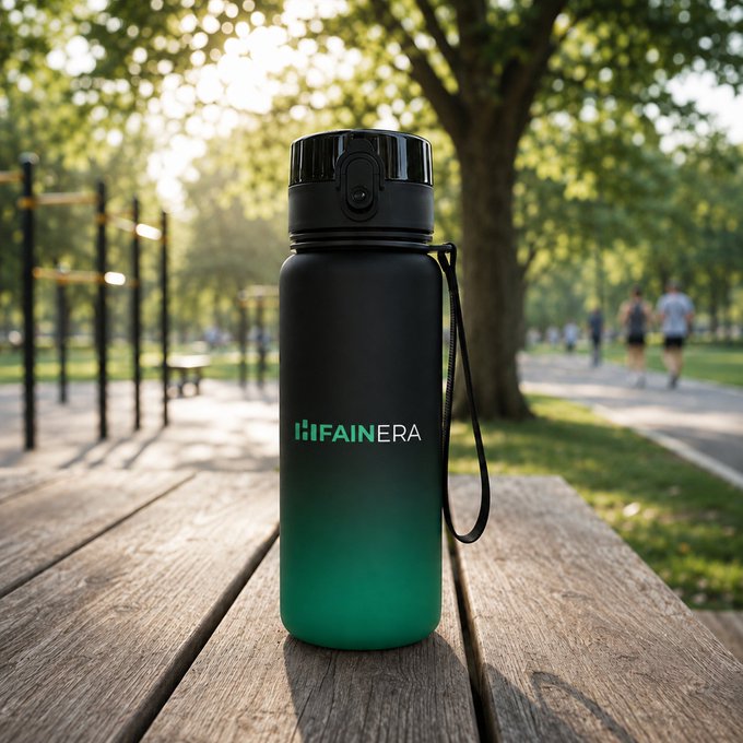 A sleek gradient water bottle branded "FAINERA" in green text rests on a wooden picnic table in a sunlit park, with joggers and outdoor exercise equipment visible in the background—pairing the post's wellness theme of fresh air and forward movement with the brand's identity.