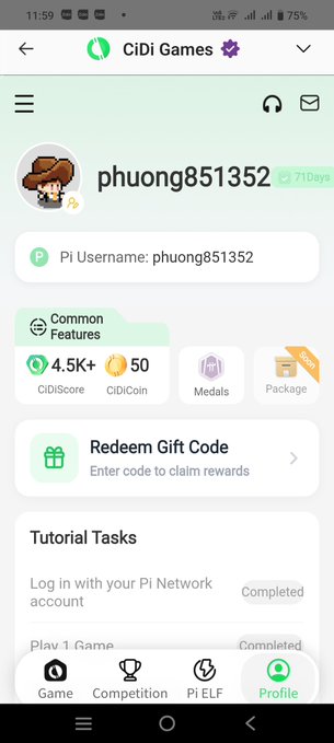A mobile screenshot of the CiDi Games app profile for user 'phuong851352' (71 Days), showing a Pi Username, CIDI Score of 4.5K+, 50 CIDI Coin, and tutorial tasks marked as Completed.