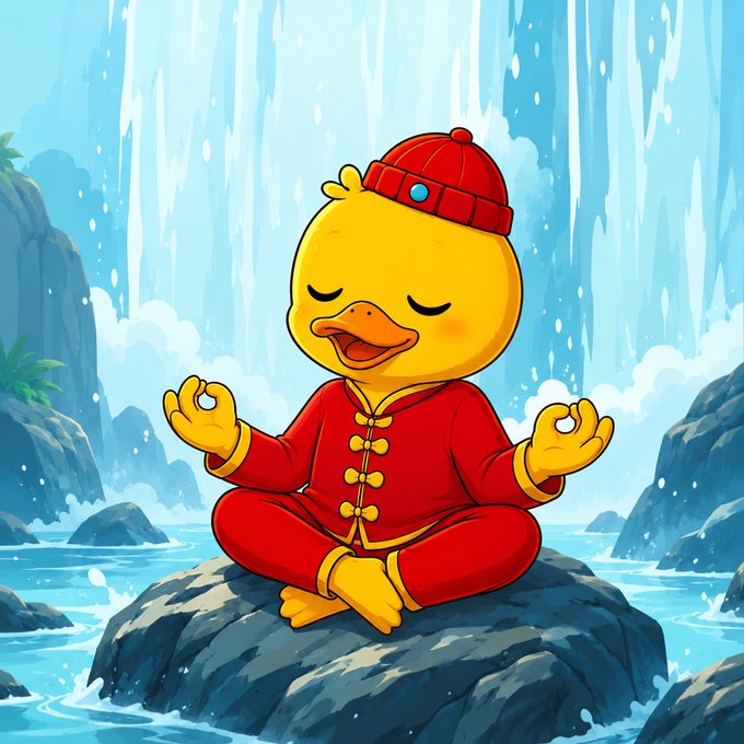 A cartoon illustration shows a yellow duck wearing a red Chinese-style outfit and beanie, meditating in a lotus pose on a rock in front of a waterfall.